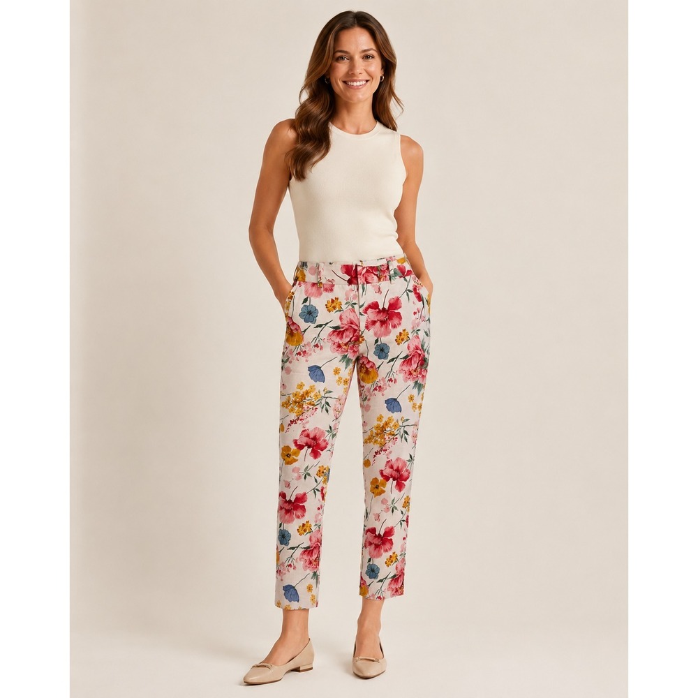 Zara Trouser Pants Womens 2 White Floral Print Cotton‎ Pockets Garden Party